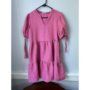 Kate & Sam Pink Gingham Tiered Babydoll Mini Dress Puff Sleeve Tie Small